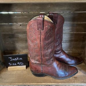 Mens Justin 2268 Brown Leather Pointed Toe Western Cowboy Roper Boots‎ Size 9 D